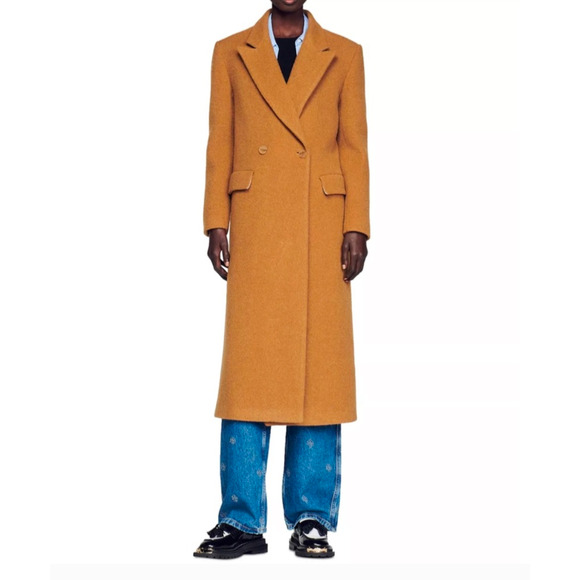 NWT Sandro Riccardo Camel Double-Breasted Wool Peacoat Felt Coat, sz FR 38/ US 6 - Picture 2 of 13